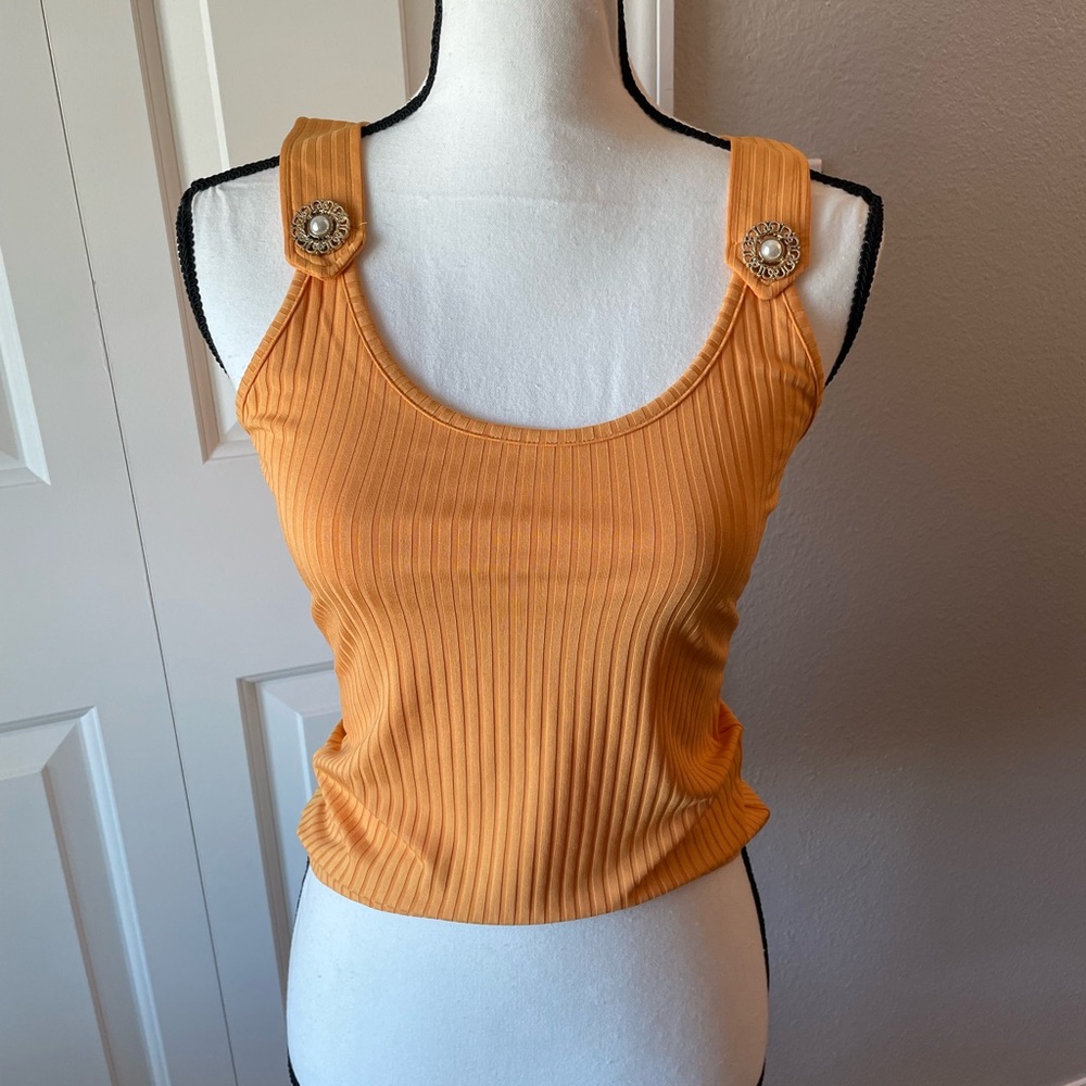 Ribbed Tank Top with Statement Buttons - Golden Orange